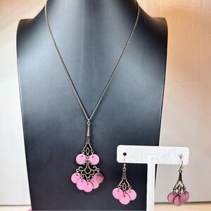 NRT signed bronze color necklace & pierced earring set with purple dangle